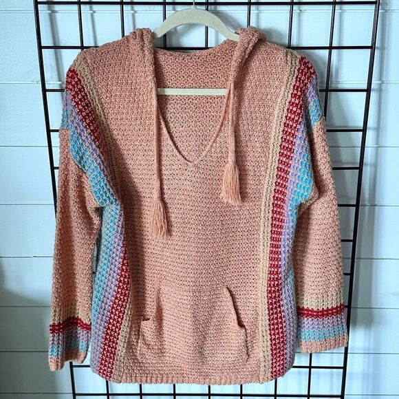 Baja Hooded Knit Summer Sweater Womens M Peach Beach Surf Boho Hippie - Picture 2 of 11